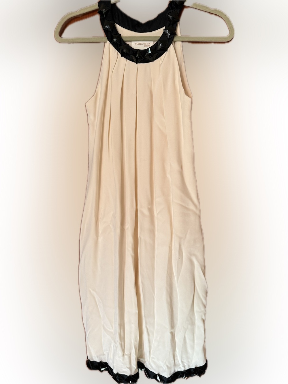 Marchesa Cream Halter Dress with Black Jeweled Collar and Hem